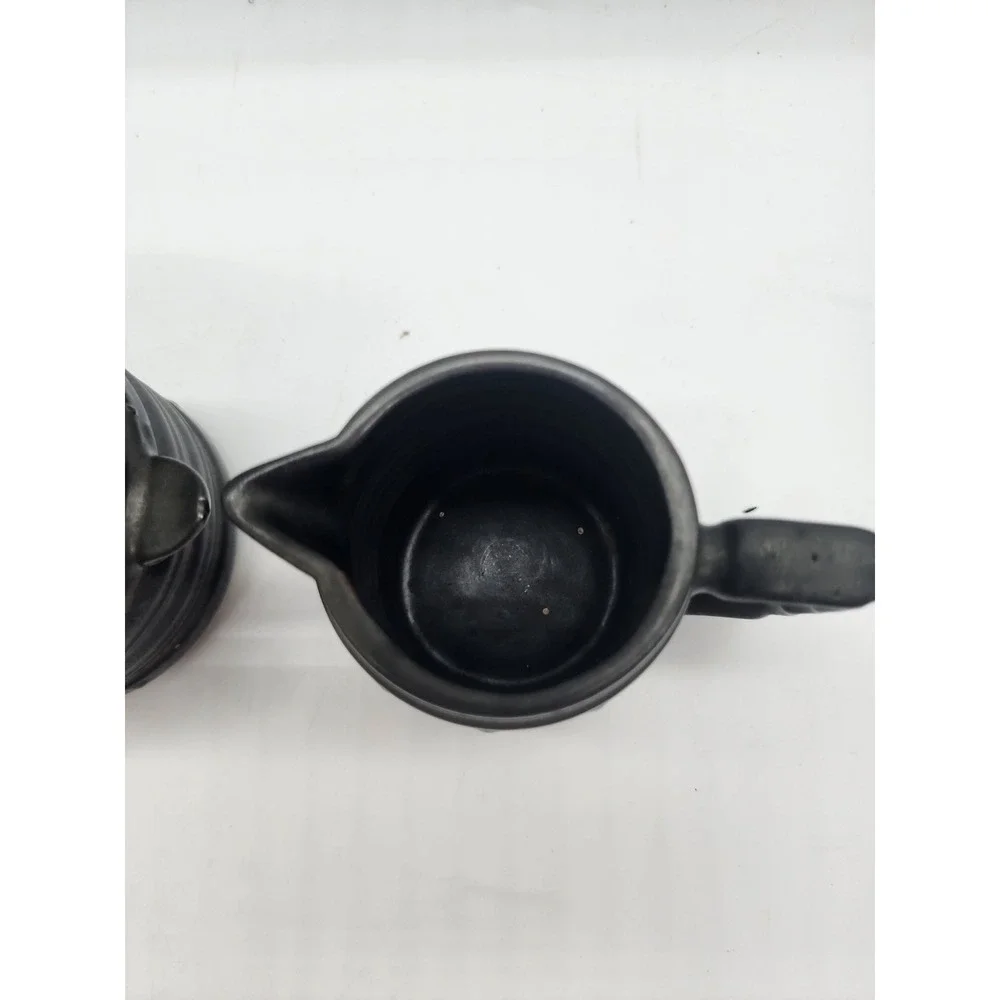 Vintage Japanese Red Ware Black Iridescent Ribbed Ceramic Sugar and Creamer Set